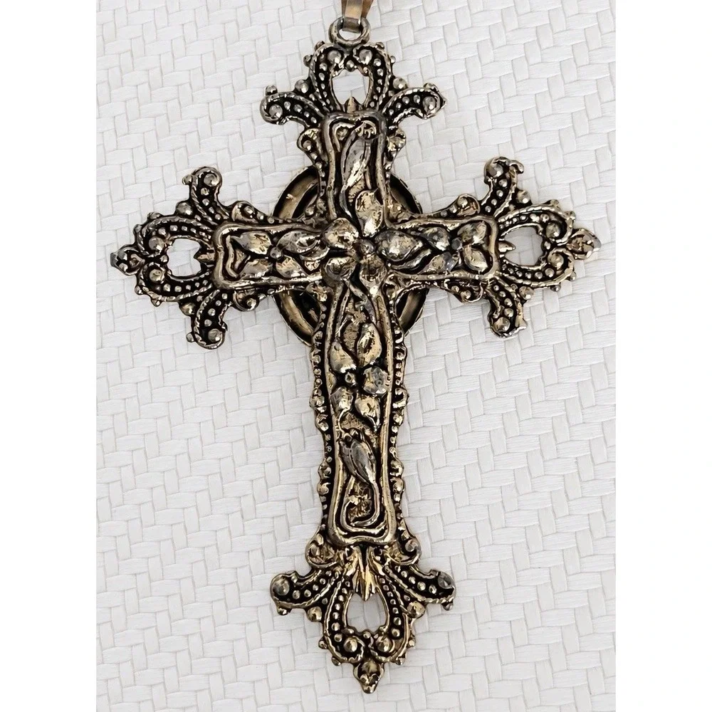 Vintage Ornate Tiger's Eye Cross Pendant Necklace Gold Tone Victorian 24